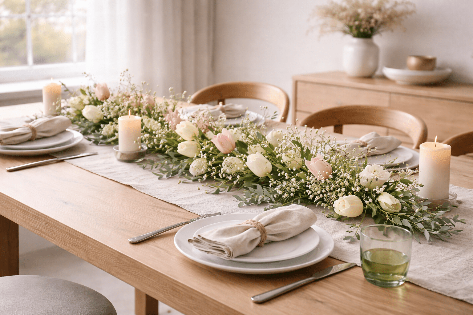 Langer Holzesstisch mit locker gelegter Blumen-Girlande aus Tulpen, Schleierkraut und Eukalyptus, arrangiert auf einem schmalen Leinenläufer. Schlichte weiße Teller, Leinenservietten und Kerzen schaffen eine elegante, frühlingshafte Tischdeko im sanften Tageslicht.