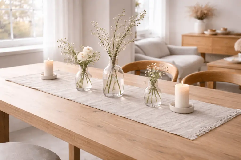 Skandinavischer Esstisch aus hellem Holz mit schmalem Leinenläufer, darauf mehrere schlichte Glasvasen mit feinen weißen Frühlingsblüten und zarten Zweigen. Ergänzt durch minimalistische Kerzen entsteht eine helle, ruhige Tischdeko im natürlichen Tageslicht.