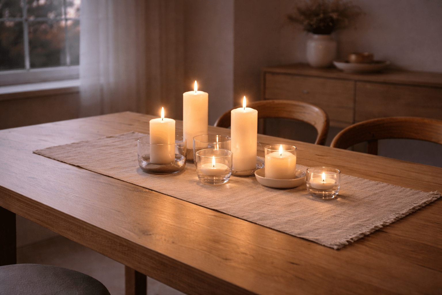 Gemütlicher Esstisch aus hellem Holz mit lockerem Leinenläufer und einer asymmetrischen Gruppe aus Kerzen in schlichten Glas- und Keramikhaltern. Warmes Kerzenlicht trifft auf sanftes Abendlicht und schafft eine ruhige, elegante Atmosphäre für einen entspannten Frühlingsabend.