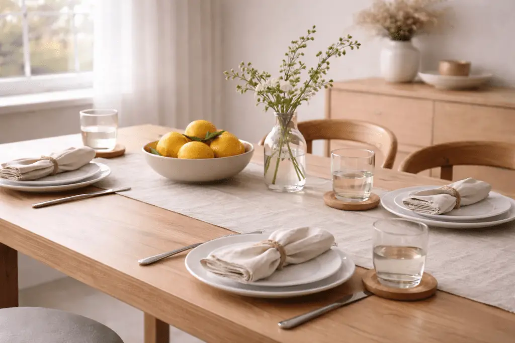 Heller Holzesstisch mit schlichter Tischdeko aus einer Keramikschale mit frischen Zitronen und einer Glasvase mit grünen Zweigen. Weiße Teller, Leinenservietten und Holzuntersetzer sorgen für eine leichte, mediterrane Frühlingsstimmung im natürlichen Tageslicht.