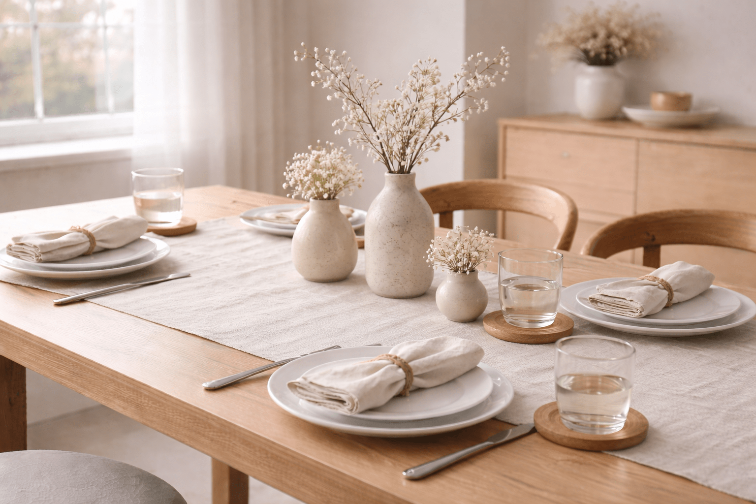Eleganter Holzesstisch mit hellem Leinenläufer, gedeckt mit weißen Tellern und cremefarbenen Leinenservietten. In der Mitte stehen schlichte Keramikvasen mit feinen weißen Blüten. Ruhige, zeitlose Tischdeko in einem hellen, harmonischen Essbereich mit natürlichem Tageslicht.