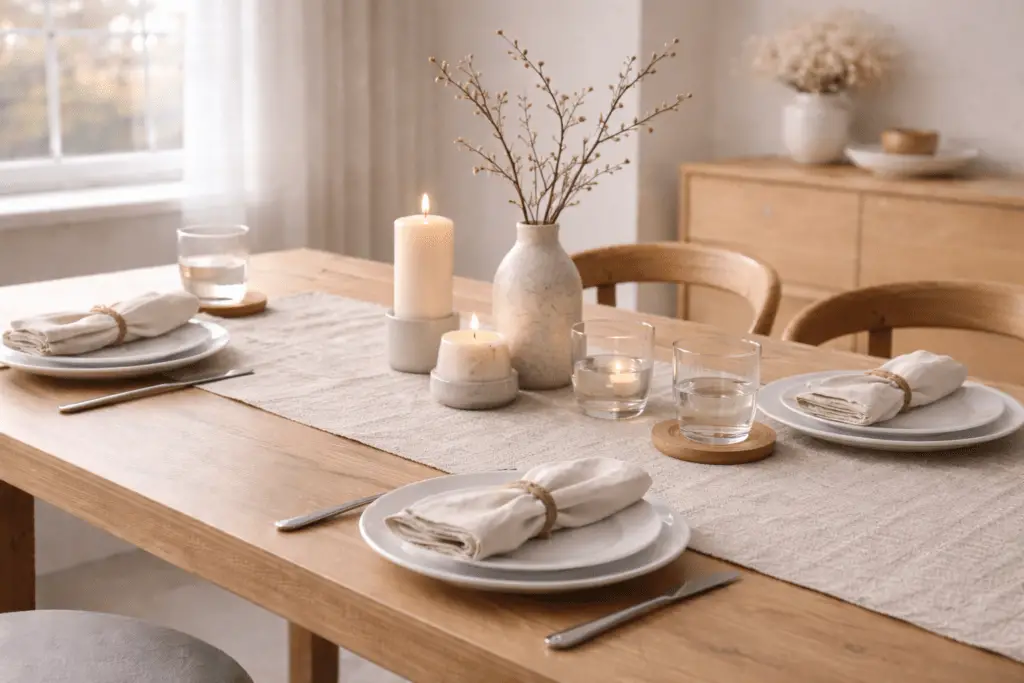 Moderner Holzesstisch mit grobem Leinenläufer, schlichten Kerzen in Keramikhaltern und einer minimalistischen Vase mit zarten Zweigen. Neutrale Tischdeko aus Glas, Holz und Keramik sorgt für eine ruhige, elegante Atmosphäre im natürlichen Tageslicht.