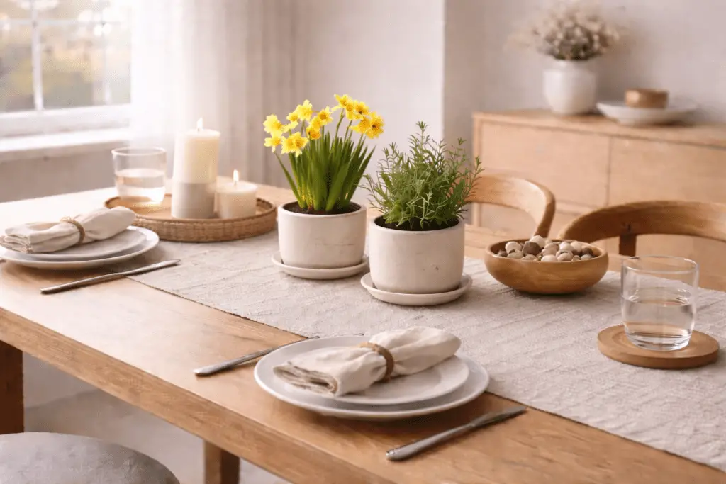 Frühlingshaft gedeckter Holzesstisch mit mehreren kleinen Topfpflanzen wie Narzissen, Hyazinthen, Kräutern und grünen Pflanzen in schlichten Keramik- und Terrakottatöpfen. Weiße Teller, Leinenservietten und natürliche Materialien schaffen eine lebendige, nachhaltige Tischdeko im hellen Tageslicht.