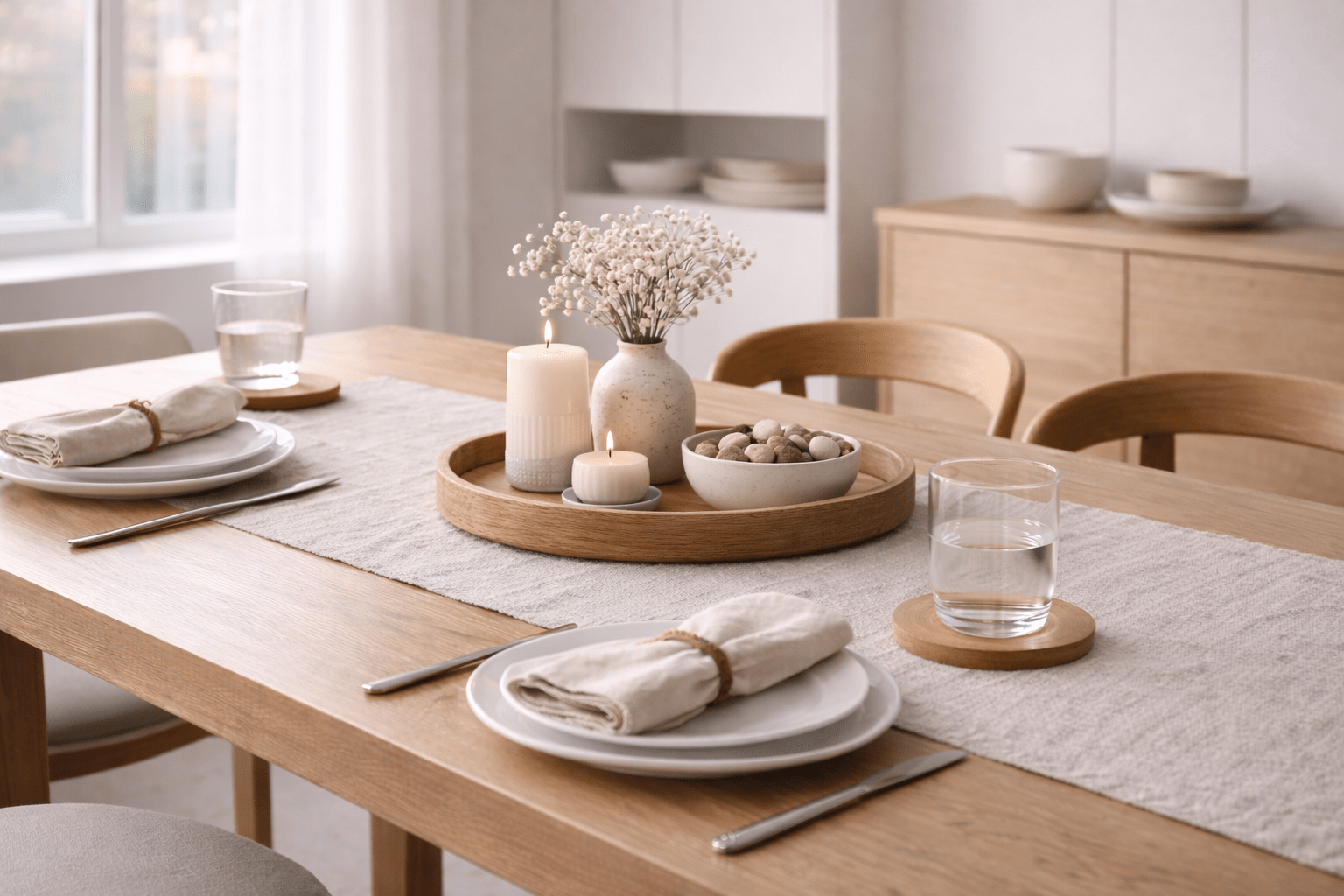 Moderner Esstisch aus hellem Holz mit schlichtem Leinenläufer und dekorativem Tablett in der Mitte. Auf dem Tablett stehen eine Keramikvase mit feinen weißen Blüten, neutrale Kerzen und eine kleine Schale mit Natursteinen. Ruhige, zeitgemäße Tischdeko in einem hellen, minimalistischen Essbereich mit natürlichem Tageslicht.
