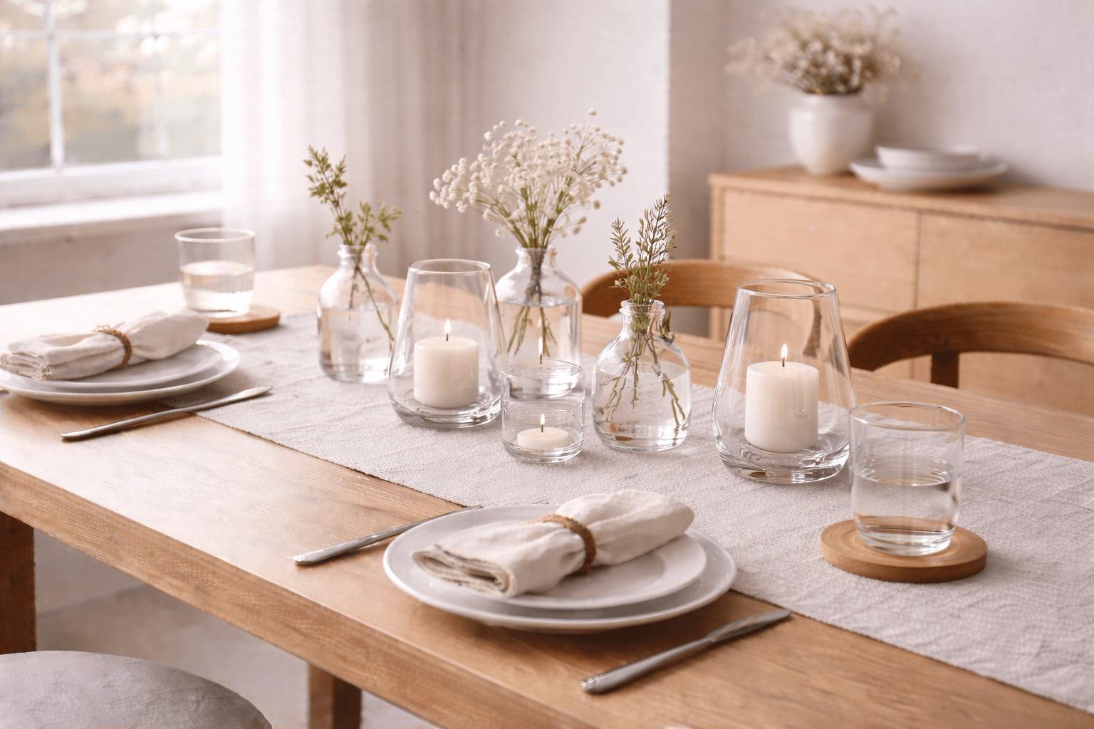 Heller Holzesstisch mit lockerer Glas-Deko aus klaren Vasen, Windlichtern und Teelichthaltern, teilweise mit feinen Zweigen und weißen Blüten. Das Sonnenlicht spiegelt sich in den Glasoberflächen und sorgt für eine leichte, moderne Frühlings-Tischdeko im hellen Essbereich.