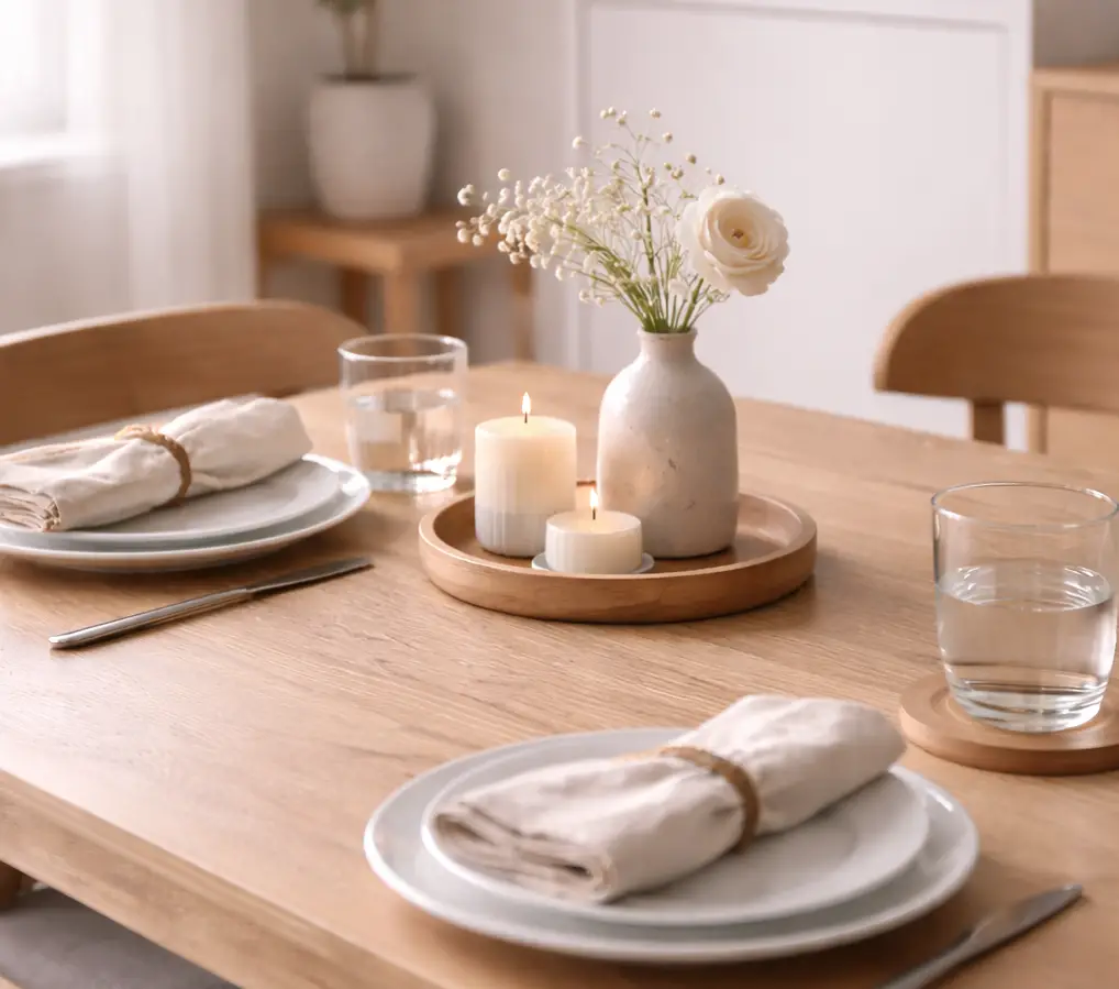 Kleiner Esstisch in einem hellen Essbereich, im Vordergrund ein dekoratives Tablett mit Keramikvase, feinen weißen Blüten und zwei Kerzen. Der Hintergrund zeigt offene Regale und eine Zimmerpflanze, weich unscharf, wodurch die Tischdeko ruhig und modern wirkt.