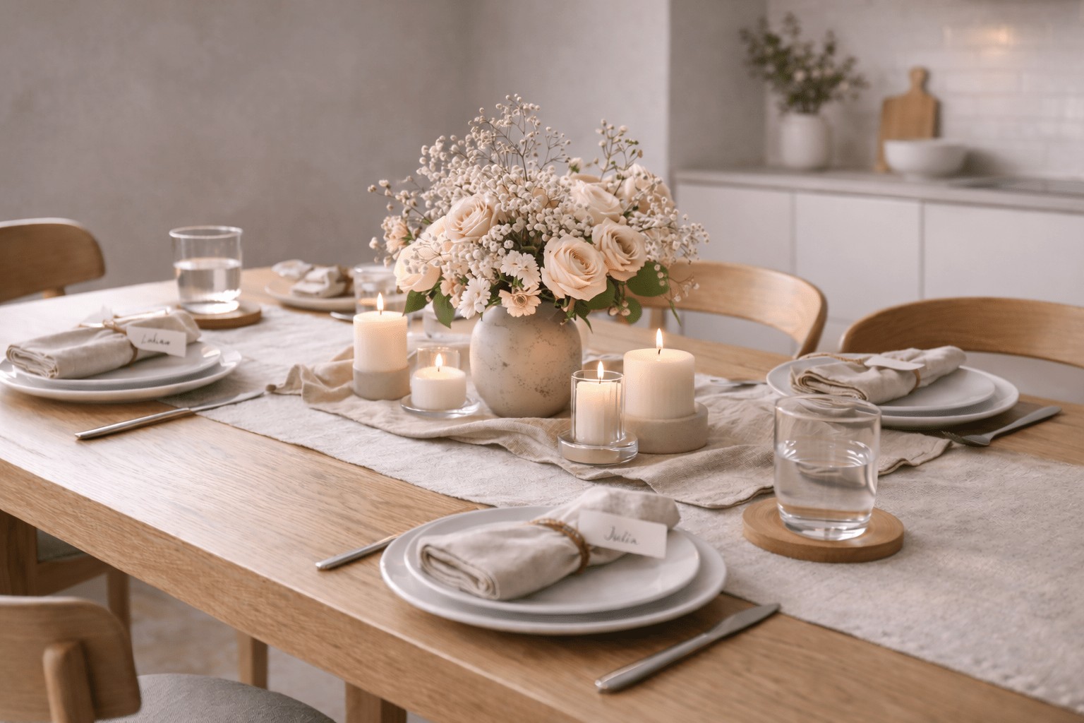 Festlich gedeckter Holzesstisch mit üppigem Blumenarrangement aus Rosen und Schleierkraut, kombiniert mit Kerzen und Leinenläufer. Im Hintergrund ist eine moderne, helle Küche mit klaren Linien zu sehen, die dem Essbereich eine offene, zeitgemäße Atmosphäre verleiht.