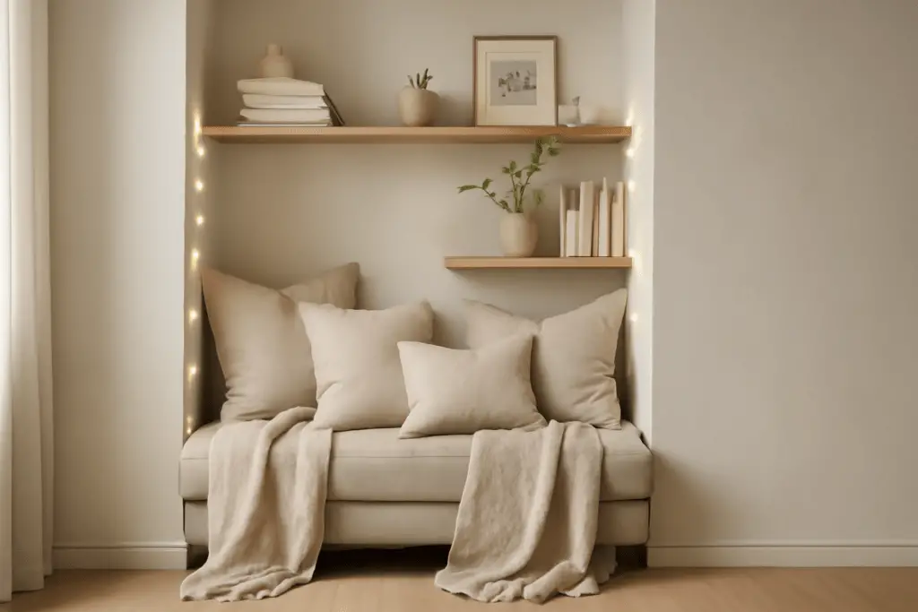 Skandinavische Leseecke mit hellem Sessel, Holzdetails, neutralen Textilien und natürlichem Tageslicht, minimalistisch und ruhig