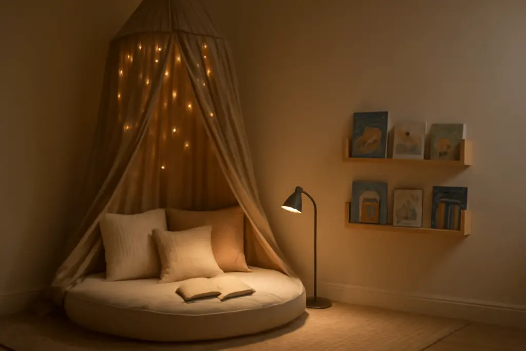 Gemütliche Kinder-Leseecke mit Bodenkissen, Stoffbaldachin, Lichterkette und niedrigem Bücherregal, ruhig und einladend gestaltet