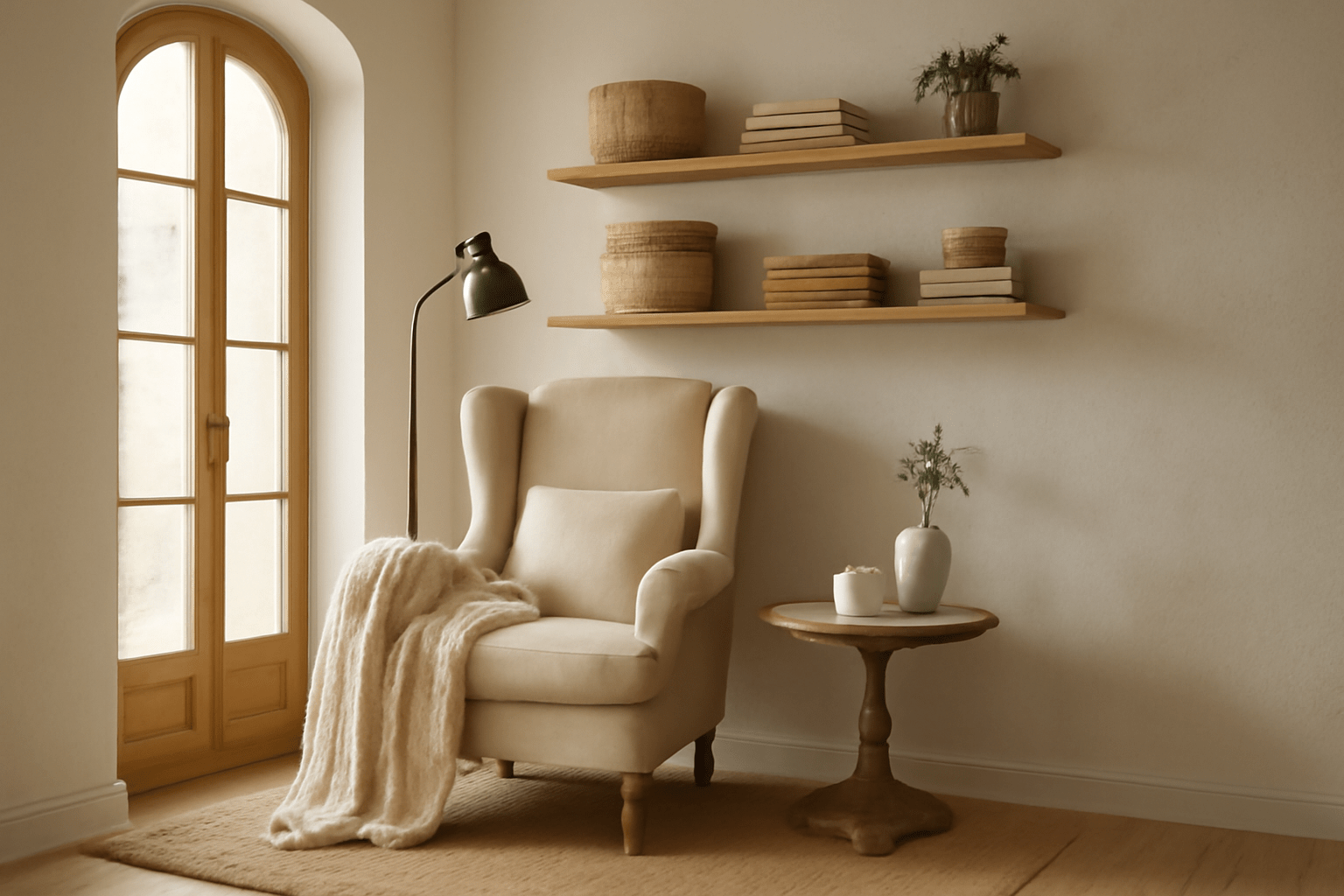 Klassische Leseecke mit gepolstertem Sessel, Bücherregal und Stehlampe, zeitloses und ruhiges Wohngefühl