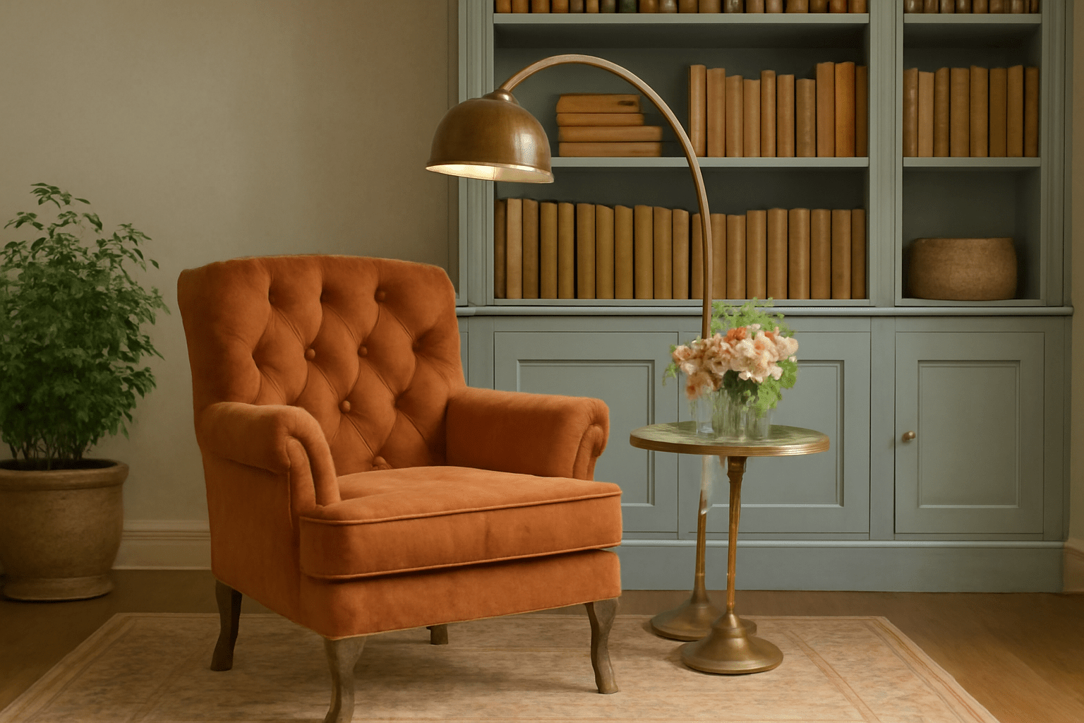 Gemütliche Leseecke im Modern-Vintage-Stil mit rostfarbenem, gepolstertem Sessel, Retro-Bogenlampe aus Messing, kleinem Beistelltisch mit Blumen und einem einzelnen Bücherregal im Hintergrund, warmes Tageslicht und wohnliche Atmosphäre