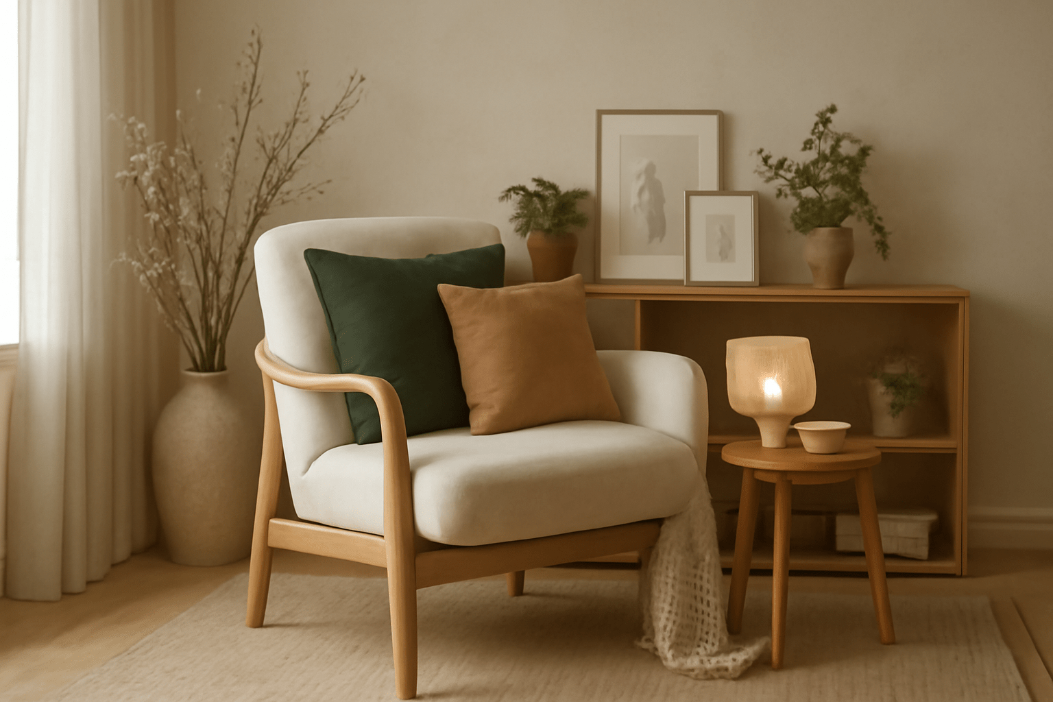 Hygge Leseecke mit weichen Kissen, Decken, warmem Licht und natürlichen Materialien, besonders gemütliche Atmosphäre