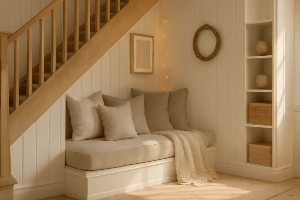 Platzsparende Leseecke unter der Treppe mit eingebauter Sitzbank, Kissen, Decke und warmem Licht, funktional und gemütlich