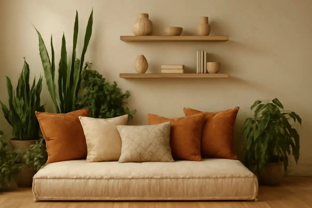 Gemütliche Leseecke mit großem Bodenkissen in warmen Beigetönen, dekorativen Kissen in Erdfarben, Pflanzen im Hintergrund und natürlichem Tageslicht, entspannte Boho-Atmosphäre