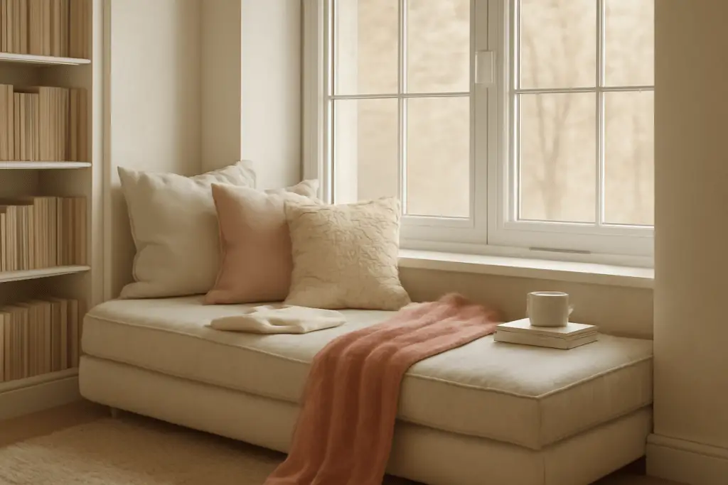 Gemütliche Leseecke auf der Fensterbank mit maßgefertigtem Sitzkissen, neutralen Kissen und Decke, weiches Tageslicht und ruhige skandinavische Atmosphäre