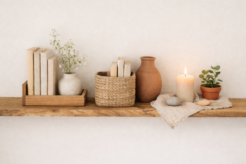 Natürlich gestaltetes Regalbrett aus hellem Holz mit Keramikvasen in warmen Erdtönen, geflochtenem Rattan-Korb mit Büchern, Leinentuch, Natursteinen, brennender Kerze und kleiner grüner Pflanze vor ruhiger, heller Wand.
