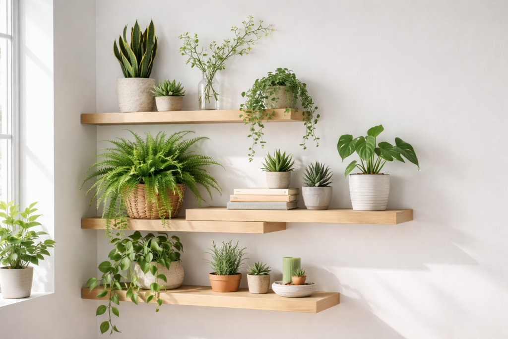 Helles Regal mit schwebenden Holzregalbrettern, dekoriert mit verschiedenen Zimmerpflanzen wie Farn, Monstera, Bogenhanf, Sukkulenten und hängenden Grünpflanzen in neutralen Töpfen, sanftes Tageslicht und ruhige, moderne Wohnatmosphäre.