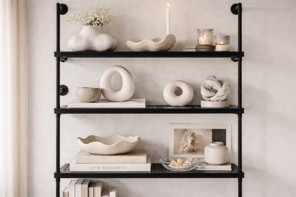 Modernes Wandregal aus schwarzem Metall mit mehreren Ebenen, dekoriert mit organisch geformten Keramikvasen, geschwungenen Schalen aus Stein und Glas, runden Skulpturen und hellen Coffee-Table-Books vor ruhiger, strukturierter Wand in natürlichen Beige- und Cremetönen.
