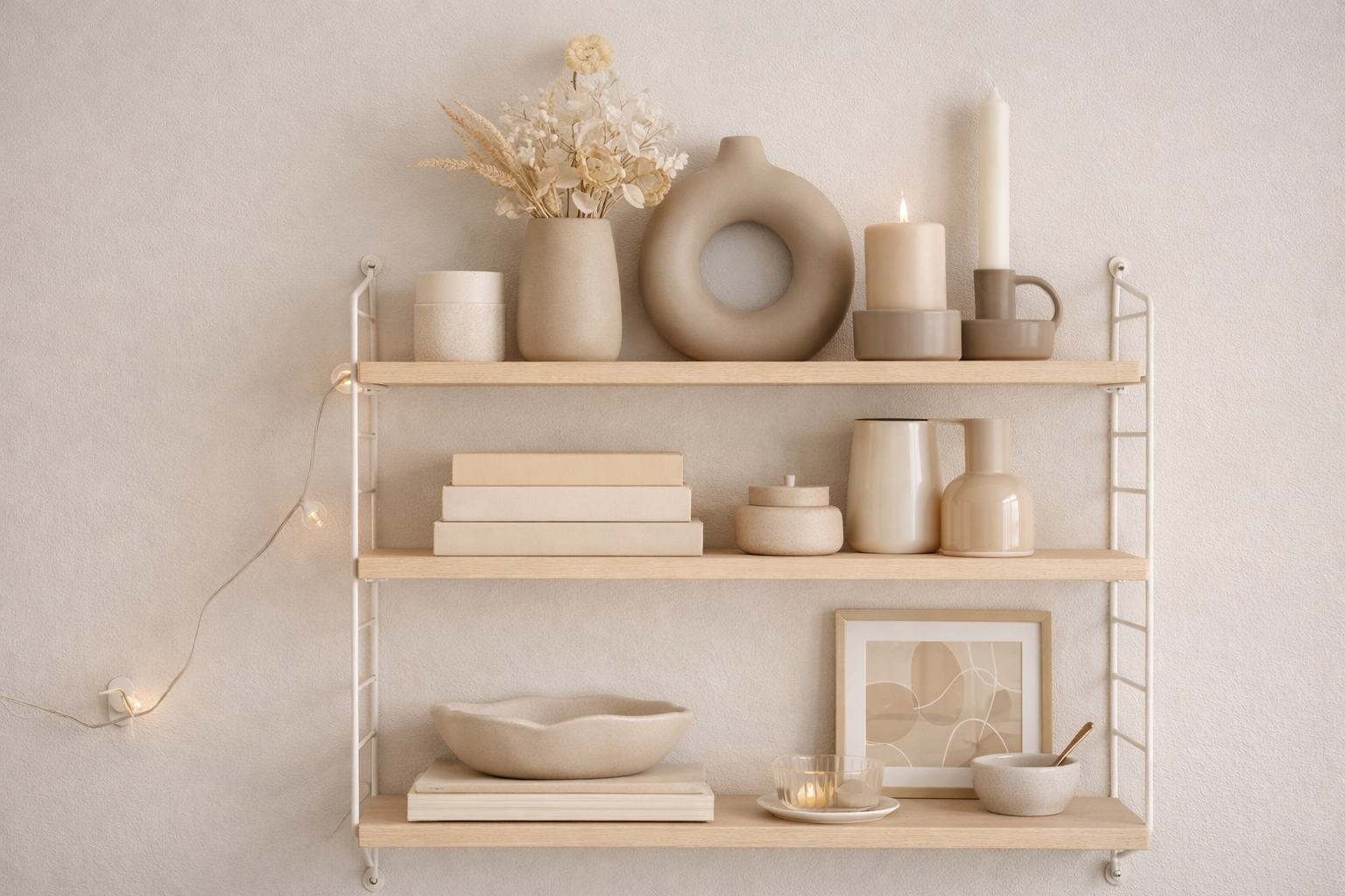 Helles Wandregal mit Holzregalbrettern und filigranen Metallstreben, dekoriert in aufeinander abgestimmten Creme-, Beige- und Taupetönen mit Büchern, Keramikvasen, Kerzenhaltern, abstrakter Skulptur und sanftem, warmem Licht vor ruhiger Wand.