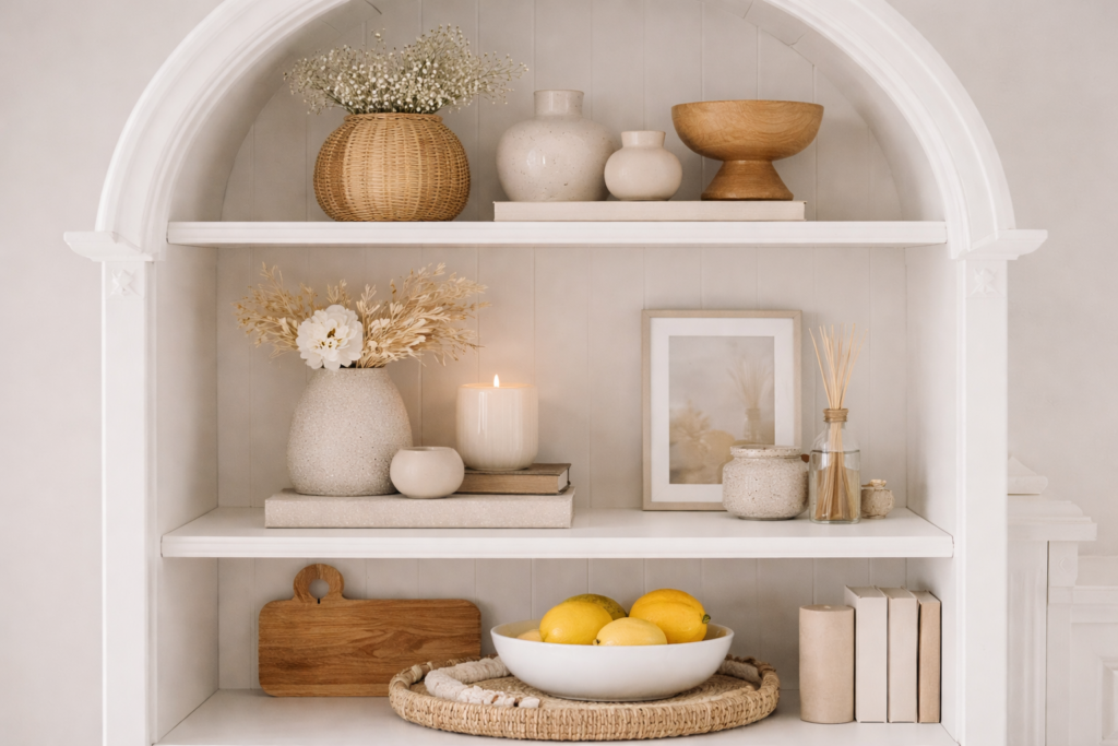 **Alt-Text:**
Helles, bogenförmiges Regal mit mehreren Ebenen, dekoriert in harmonischen Dreiergruppen aus Keramikvasen, Holzschalen, Glasobjekten, Büchern und Naturmaterialien in warmen Beige- und Naturtönen, ausgewogen arrangiert für eine ruhige, stimmige Regalgestaltung.
