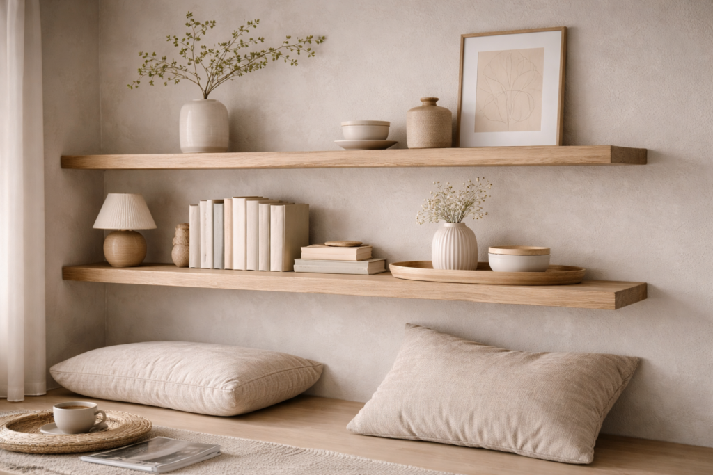 **Alt-Text:**
Japandi-inspiriertes Wandregal mit zwei schwebenden Holzregalbrettern in hellen Naturtönen, minimalistisch dekoriert mit Keramikvasen, neutralen Büchern, Holztablett und dezenten Pflanzen, darunter eine Sitzbank mit Leinenkissen für eine ruhige, klare Wohnatmosphäre.
