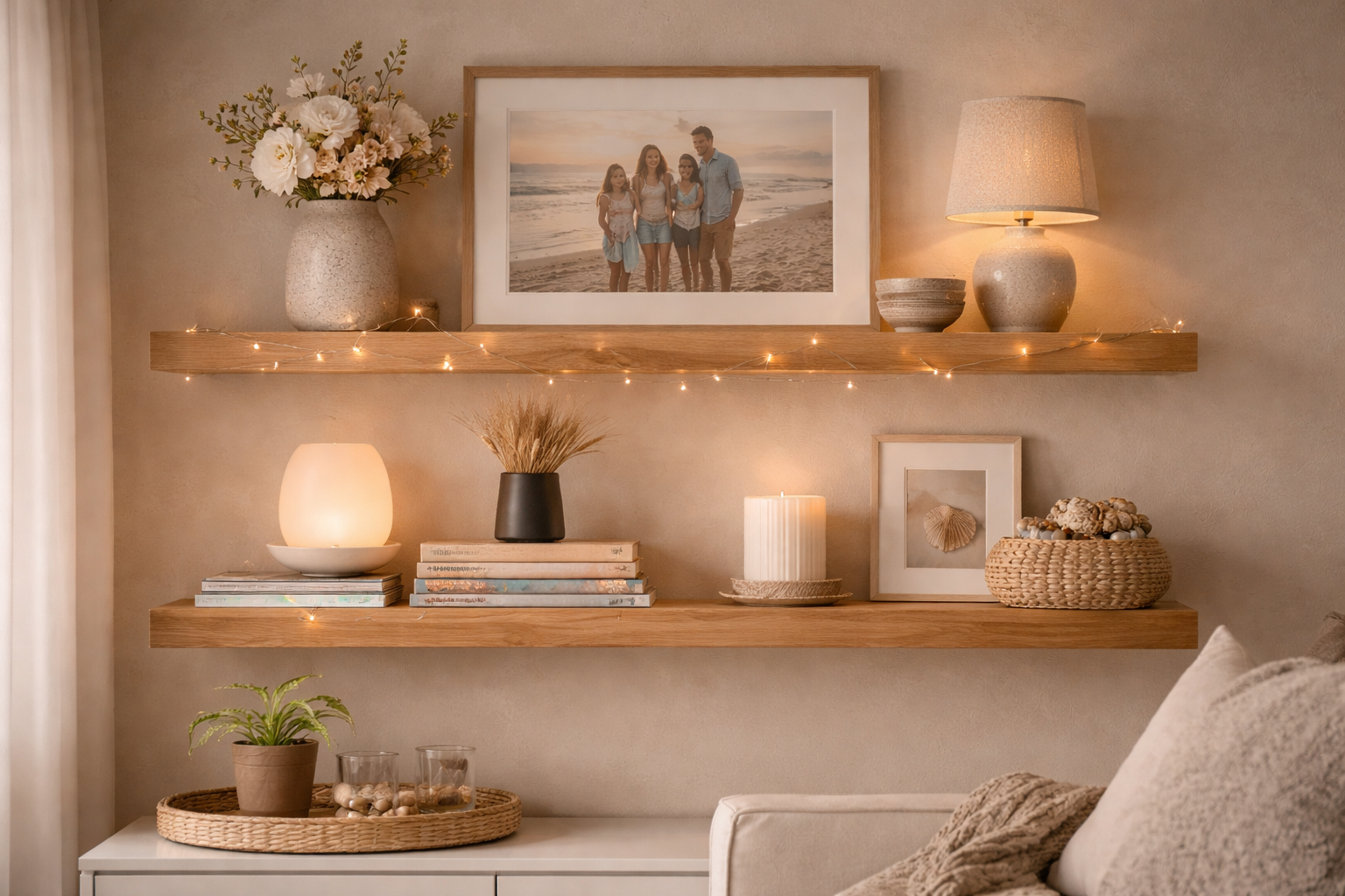 **Alt-Text:**
Gemütliches Wohnzimmerregal mit zwei schwebenden Holzregalbrettern, dekoriert mit gerahmtem Foto, Büchern, Keramikvasen, Kerzen, Pflanzen und einer dezenten Lichterkette, warmes Licht und persönliche Lieblingsstücke schaffen eine einladende, harmonische Wohnatmosphäre.
