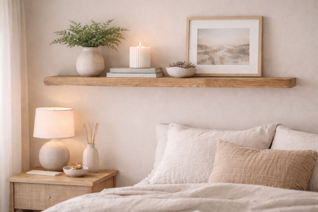 **Alt-Text:**
Ruhiges Schlafzimmer mit schwebendem Holzregal über dem Bett, dekoriert mit Farn in Keramikvase, gestapelten Büchern mit Kerze, schlichter Schale mit getrockneten Blüten und sanftem Landschaftsbild, ergänzt durch helles Holznachttischchen, Keramiklampe und weiche Bettwäsche in natürlichen Beigetönen.
