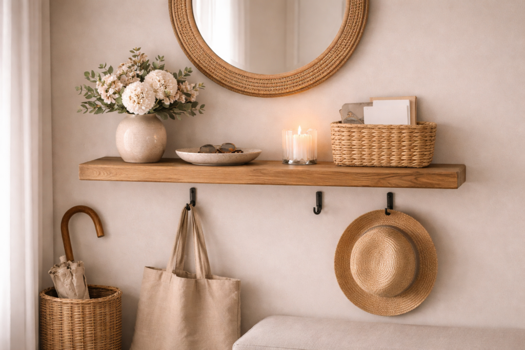 Einladender Flur mit schwebendem Holzregal unter rundem Spiegel, dekoriert mit Keramikvase mit Blumen, flacher Schale für Schlüssel, Windlicht und geflochtenem Korb für Post, warme Naturtöne und sanftes Licht schaffen einen gemütlichen ersten Eindruck im Eingangsbereich.