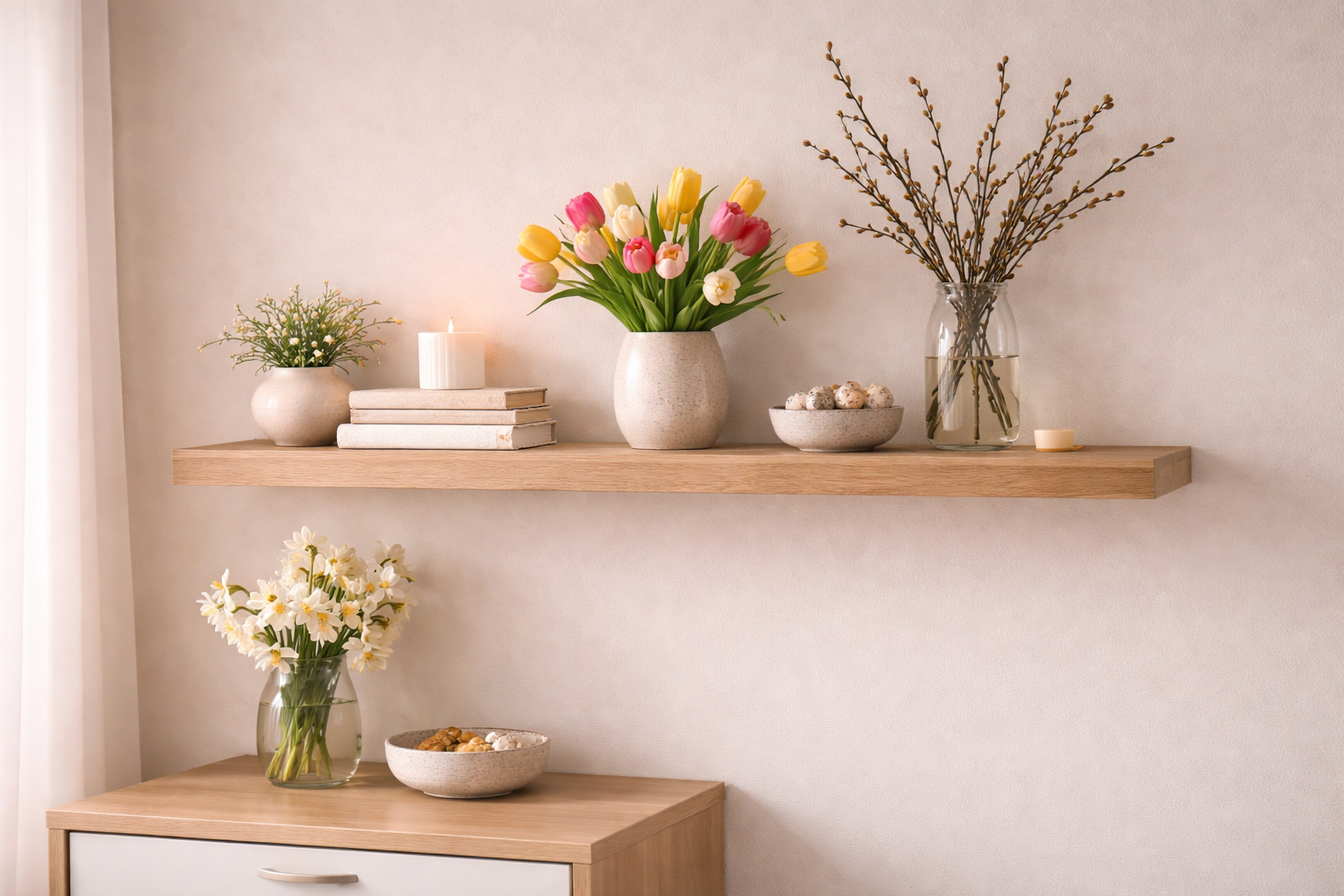 Saisonal dekoriertes Wandregal aus hellem Holz mit neutraler Basis aus Büchern und Keramik, ergänzt durch frische Tulpen, Zweige in Glasvasen, kleine Schale mit Naturdeko und Kerzen, frühlingshafte Farben sorgen für einen leichten, wandelbaren Look passend zu verschiedenen Jahreszeiten.