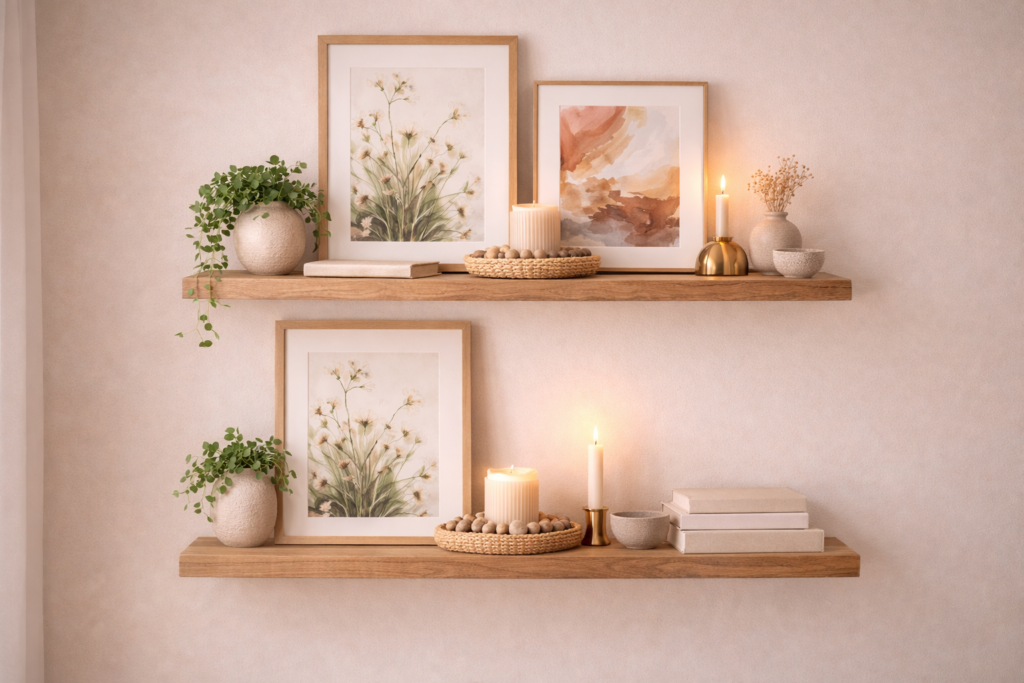 Drei übereinander angeordnete schwebende Holzregalbretter an heller Wand, gestaltet wie eine kleine Galerie mit gerahmten Kunstwerken, Kerzen, Keramikvasen, Büchern und dezenter Pflanze in warmen Natur- und Erdtönen, harmonisch abgestimmt für eine ruhige, persönliche Regalgestaltung ohne Haken.