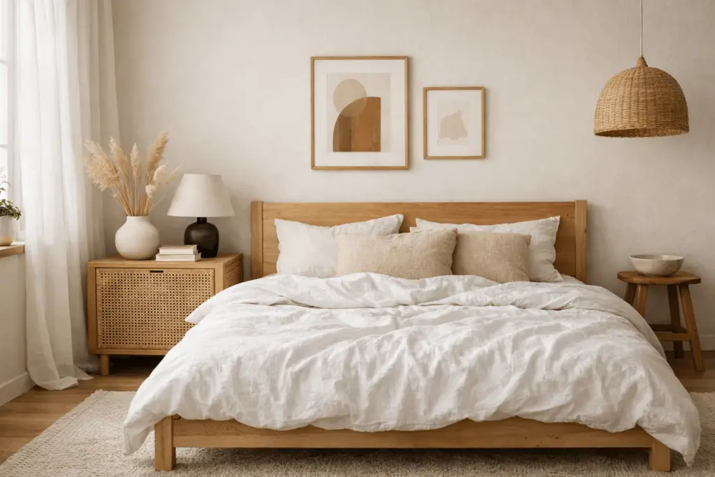 Skandinavisches Schlafzimmer mit hellem Holzbett, weißer Leinenbettwäsche und Rattan-Nachttisch. Der geflochtene Nachttisch steht neben dem Bett und ist mit einer schlichten Keramikvase und Trockenblumen dekoriert. Weiche Tageslichtstimmung, neutrale Beige- und Naturtöne, minimalistische Wandkunst und luftige, ruhige Atmosphäre im Scandinavian-Boho-Stil.