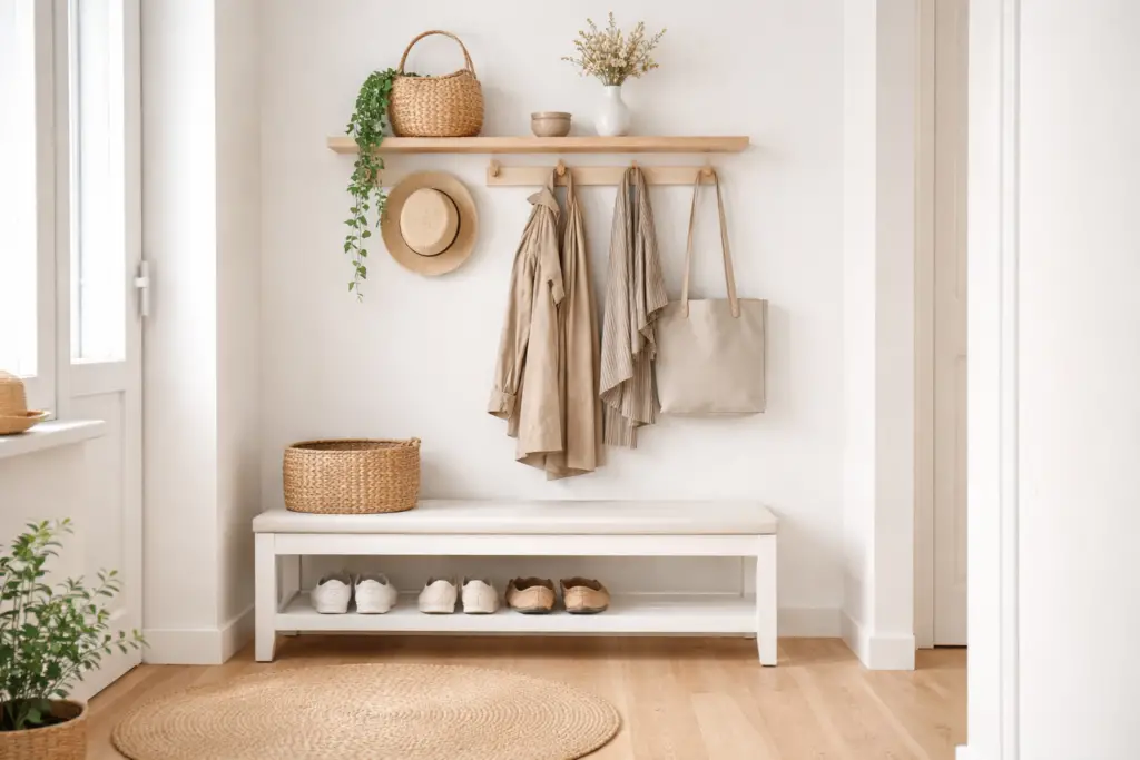 Helle skandinavische Garderobe für einen kleinen Flur mit weißer Schuhbank, offenen Schuhfächern, schlichter Holzablage, hellen Wandhaken, Korb aus Naturmaterialien und ruhiger, minimalistischer Atmosphäre