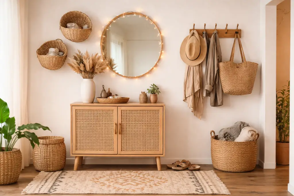 Boho Garderobe im Eingangsbereich mit geflochtenen Körben an der Wand, hellem Holzschuhschrank, rundem Spiegel mit Lichterkette, Ethno Teppich und Trockenblumen in warmen Naturfarben