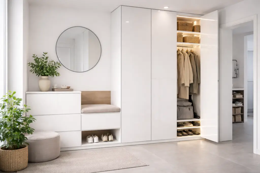 Moderne Garderobe mit deckenhohen, hochglänzenden Schranktüren, integrierter LED-Beleuchtung, offener Schuhablage, schlichter Sitzbank und minimalistischer Einrichtung in hellen, neutralen Farben