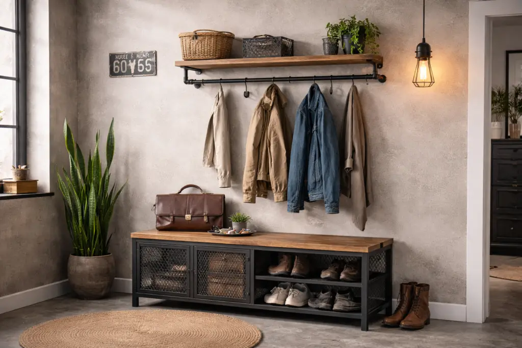 Industrielle Garderobe im Loft-Stil mit schwarzer Wasserrohr-Kleiderstange, Ablage aus massivem Holz, Metall-Schuhschrank, grauer Betonwand, Retro-Glühbirne und urbanen Deko-Elementen in Schwarz- und Holztönen