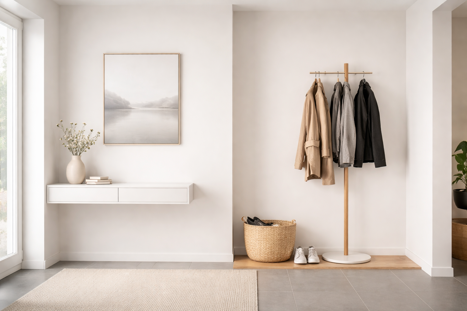 Minimalistischer Flur mit hellem Garderobenständer aus Holz, wenigen Jacken, schwebender Konsole, neutralen Farben, Korb für Schuhe und ruhiger, aufgeräumter Atmosphäre