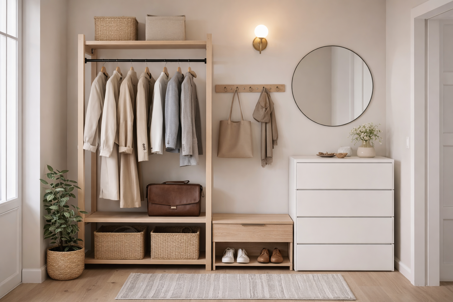 Offene Garderobe im hellen Flur mit freistehendem Kleiderständer aus Holz, sichtbar aufgehängten Jacken, Körben für Stauraum, schlichter Kommode, rundem Spiegel und ruhiger, luftiger Raumwirkung in warmen Naturtönen