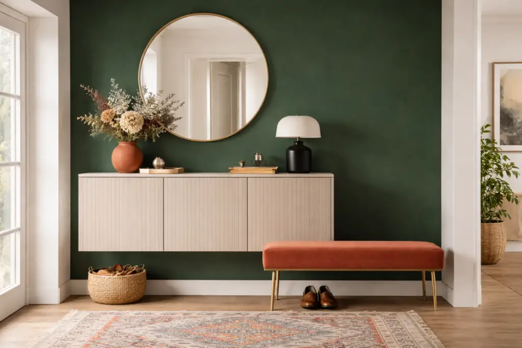 Flur mit dunkelgrüner Akzentwand, schwebendem beigem Sideboard, rundem Spiegel, farbiger Sitzbank in Rostorange und dekorativen Accessoires als mutiges Farbhighlight