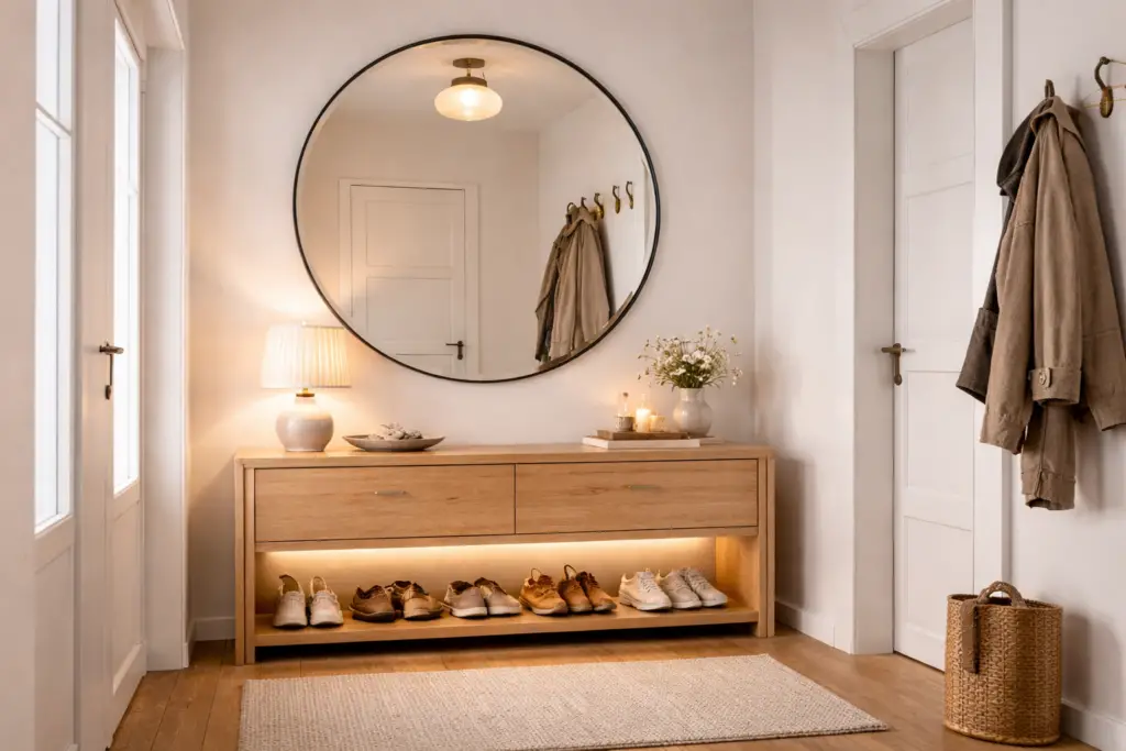 Heller Flur mit großem rundem Spiegel, Holzkommode mit integrierter LED-Beleuchtung, Tischlampe, Deckenleuchte und warmem Lichtkonzept, das den Eingangsbereich größer und einladender wirken lässt