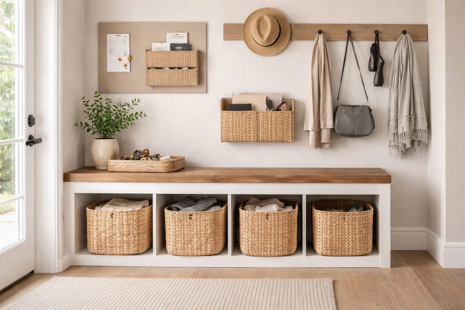 Ordentlicher Flur mit Sitzbank und integriertem Stauraum, Körben und Boxen für Schals und Kleinkram, Wandorganizer für Briefe, Hakenleiste und natürlicher Holzoptik