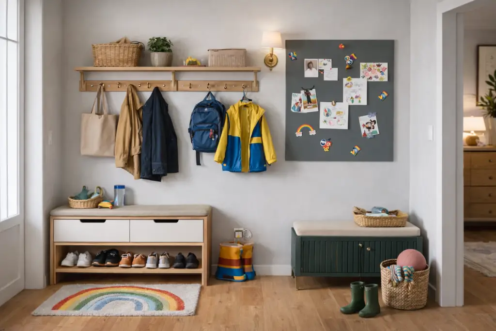 Familienfreundliche Garderobe im hellen Flur mit Haken in Kinderhöhe, gepolsterter Sitzbank mit Schuhablage, stilvollen Körben, Magnettafel für Notizen und Zeichnungen sowie aufgeräumtem, wohnlichem Look in warmen Natur- und Grüntönen