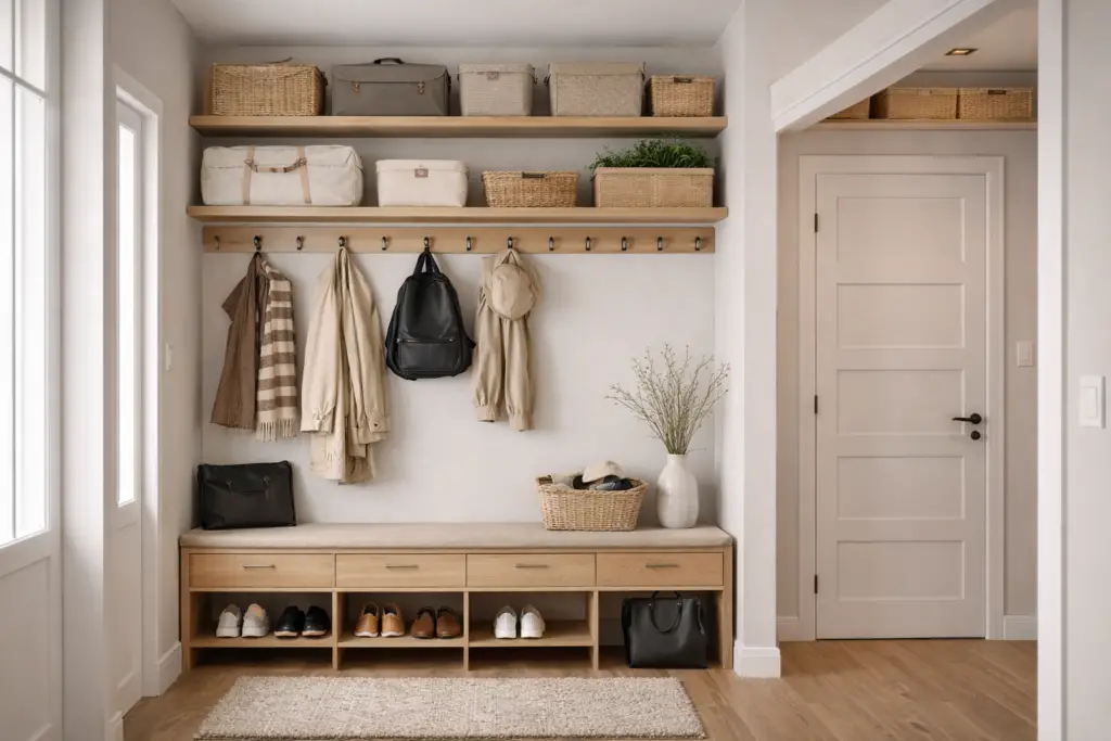 Heller Flur mit deckenhohen Wandregalen, Körben für selten genutzte Dinge, schlichter Garderobenleiste mit Haken, Sitzbank mit integrierter Schuhablage und ruhiger, harmonischer Gestaltung in warmen Naturtönen