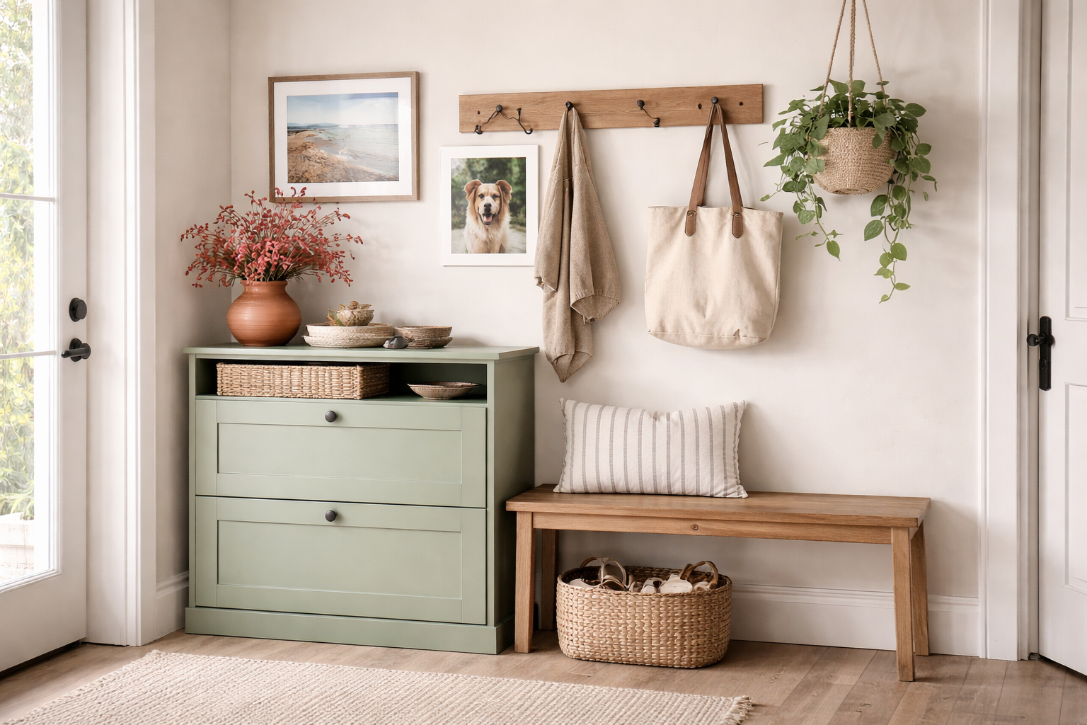 Persönlich dekorierter Flur mit grünem Schuhschrank, Sitzbank aus Holz, gerahmten Fotos, Hängepflanze, Korb für Schuhe und individuellen Deko-Elementen für eine wohnliche Garderobe
