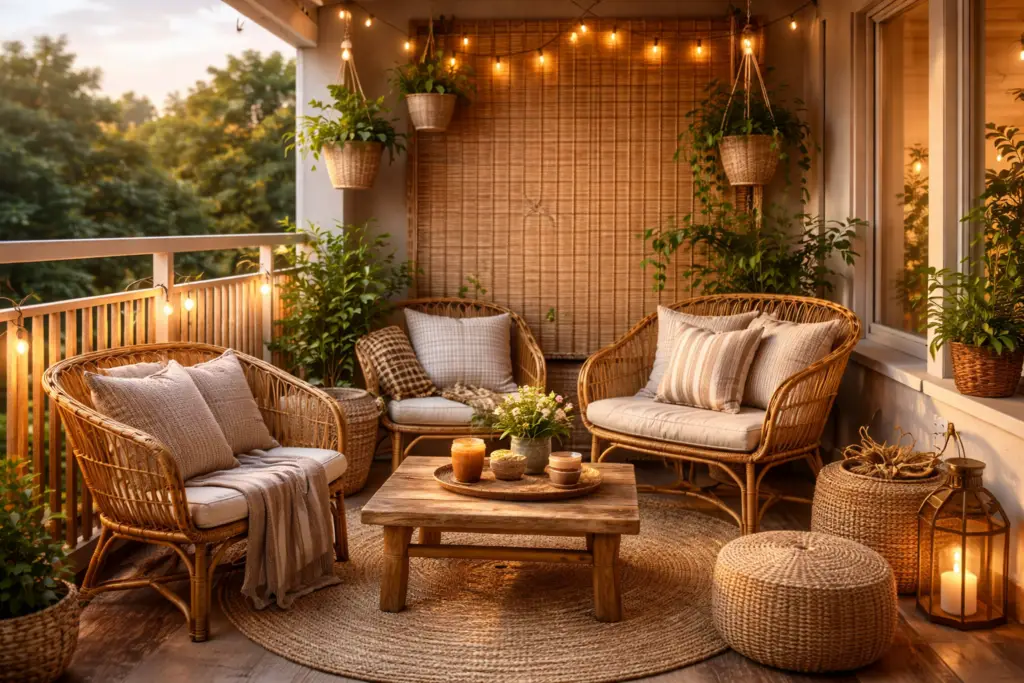 Gemütlicher Balkon mit Naturmaterialien wie Rattan-Sesseln, einem niedrigen Holztisch, Bambus-Sichtschutz und geflochtenem Pouf in warmen Beige-, Honig- und Grüntönen, stimmungsvoll beleuchtet mit Lichterkette und Laternen, dekoriert mit Pflanzen und Textilien für eine wohnliche Outdoor-Oase.