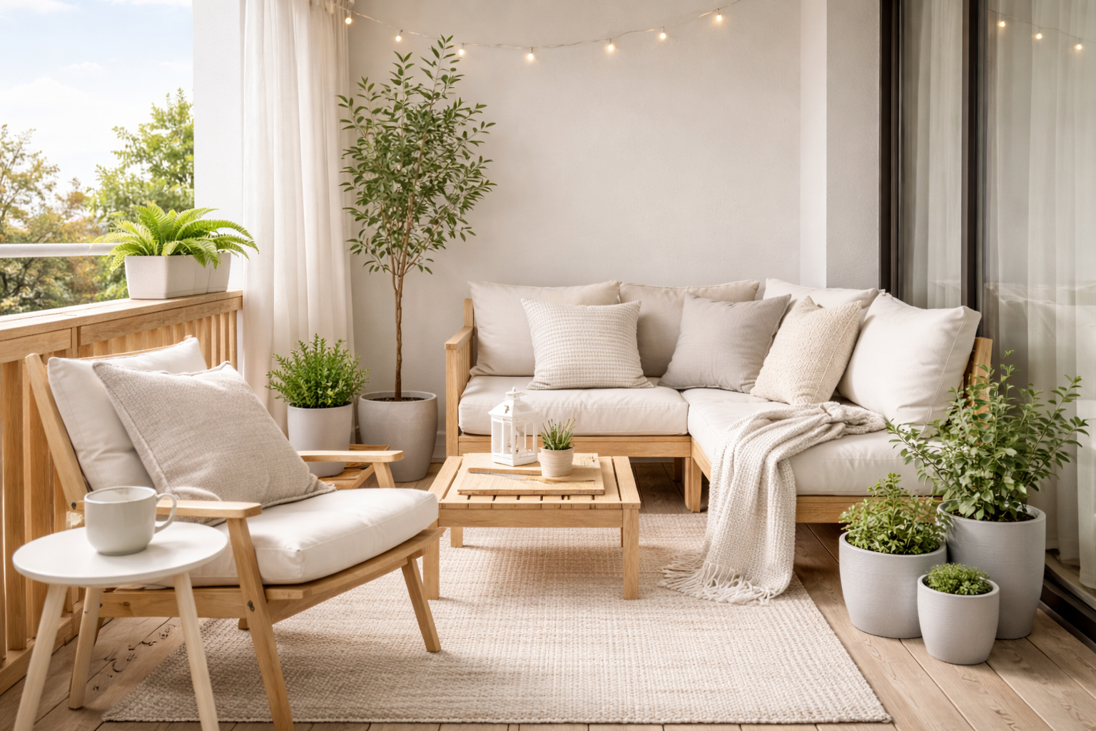 Skandinavischer Balkon mit hellen Holzmöbeln, klaren Linien, cremefarbenen Sitzkissen, schlichter Lounge, dezenten Pflanzen und warmer Hygge-Atmosphäre in hellen Naturtönen
