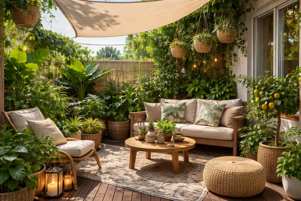 Urban-Jungle-Balkon mit üppigem Grün aus Monstera, Hängepflanzen und Zitrusbäumchen, kombiniert mit beigen Outdoor-Möbeln, rundem Holztisch, geflochtenen Pflanzkörben und Sonnensegel, hell und natürlich inszeniert für ein entspanntes Dschungel-Feeling mitten in der Stadt.