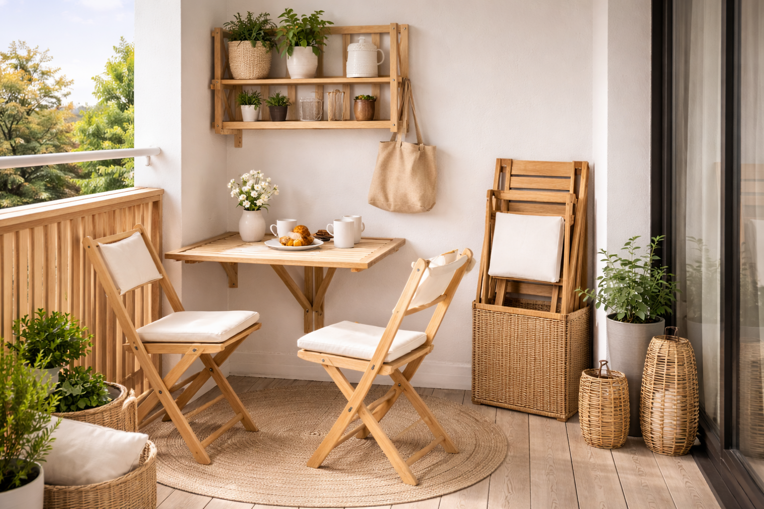 Kleiner Balkon mit klappbarem Wandtisch aus Holz, leichten Klappstühlen, platzsparender Möbellösung, Pflanzen in Töpfen und funktionaler Einrichtung für wenig Fläche