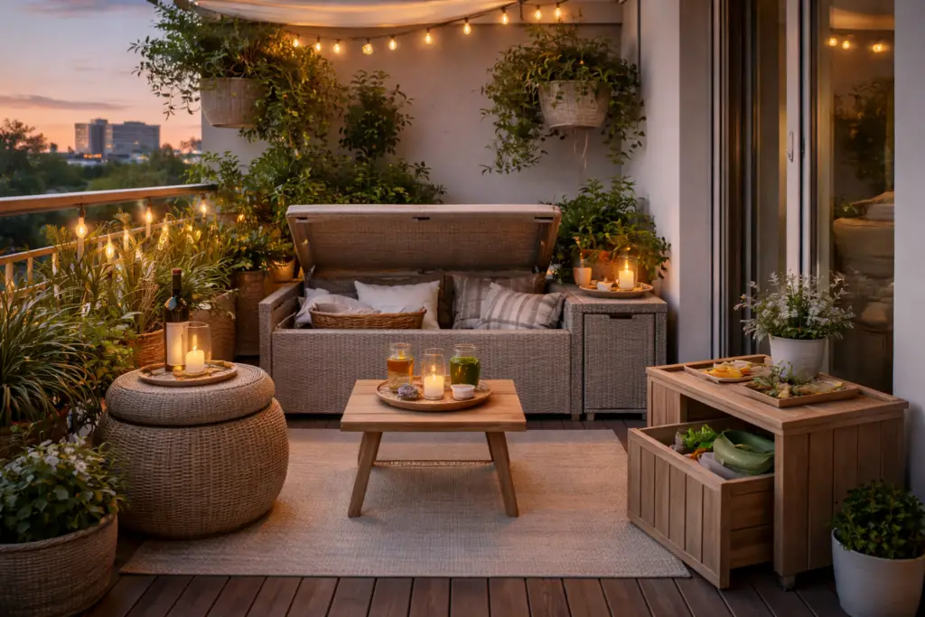 Moderner Balkon in der Abenddämmerung mit multifunktionalen Outdoor-Möbeln, darunter eine gepolsterte Aufbewahrungsbank aus Rattan mit geöffnetem Stauraum für Kissen, ein klappbarer Holztisch, ein Hocker als Beistelltisch und eine Holzbox mit integriertem Stauraum, kombiniert mit Pflanzen, Lichterkette und warmem, gemütlichem Licht.