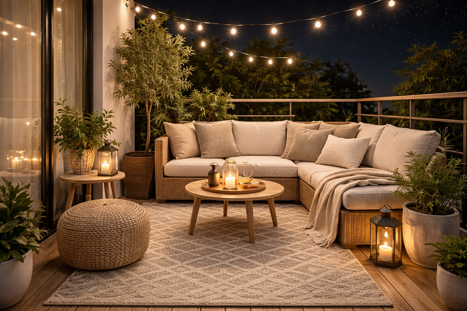 Gemütlicher Balkon bei Nacht mit Outdoor-Teppich in Naturtönen, Lounge-Sofa aus Rattan, Lichterkette, Laternen und Pflanzen für wohnliches Wohnzimmer-Feeling unter freiem Himmel