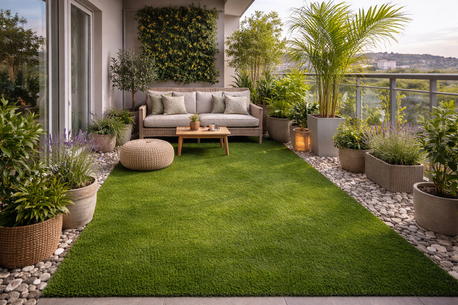 Moderner Balkon mit hochwertigem Kunstrasen als grüne Fläche, eingerahmt von Kieselsteinen und großen Pflanzkübeln, ergänzt durch eine helle Rattan-Lounge, Holztisch und mediterrane Pflanzen wie Lavendel und Palmen für ein natürliches Gartengefühl über den Dächern der Stadt.